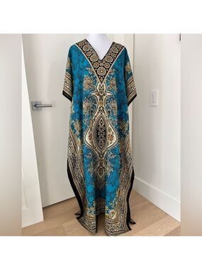 CAFTAN Maxi Dress V Neck Batwing Short Sleeve Adjustable Waist Boho Resortwear